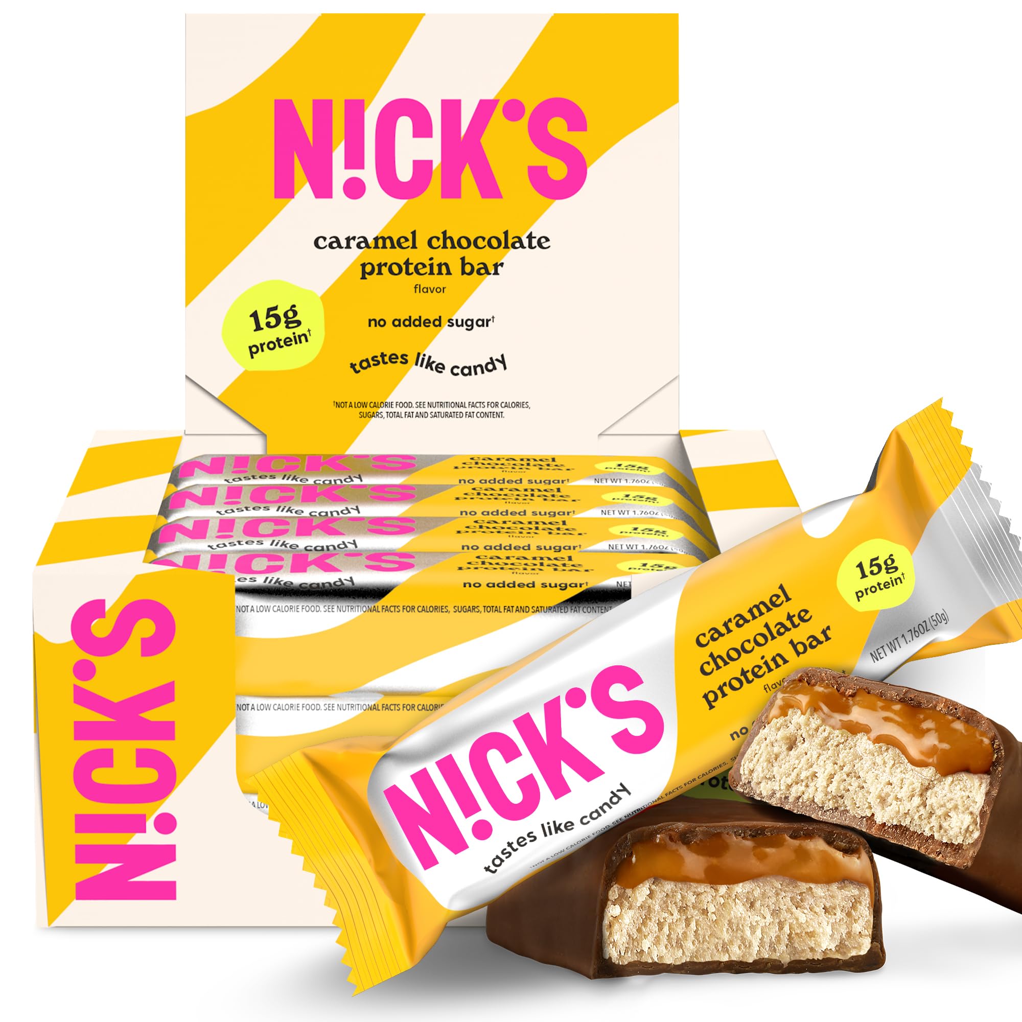 Nick’s Chocolate Caramel protein bars packaging highlights keto-friendly indulgence for on-the-go snacking.