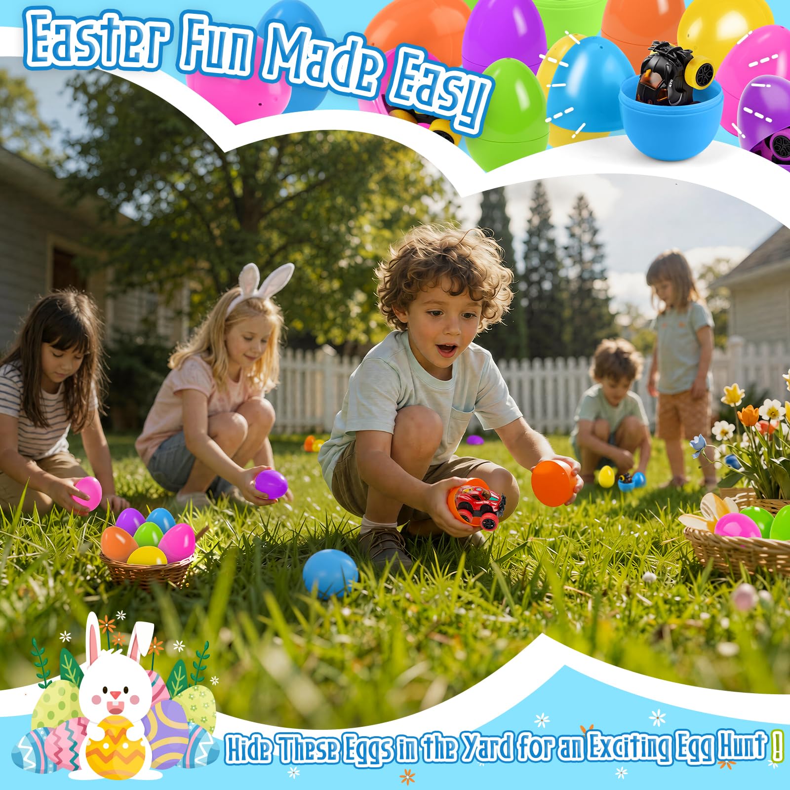 Bright Nicknack eggs featuring durable monster trucks for kids' play.