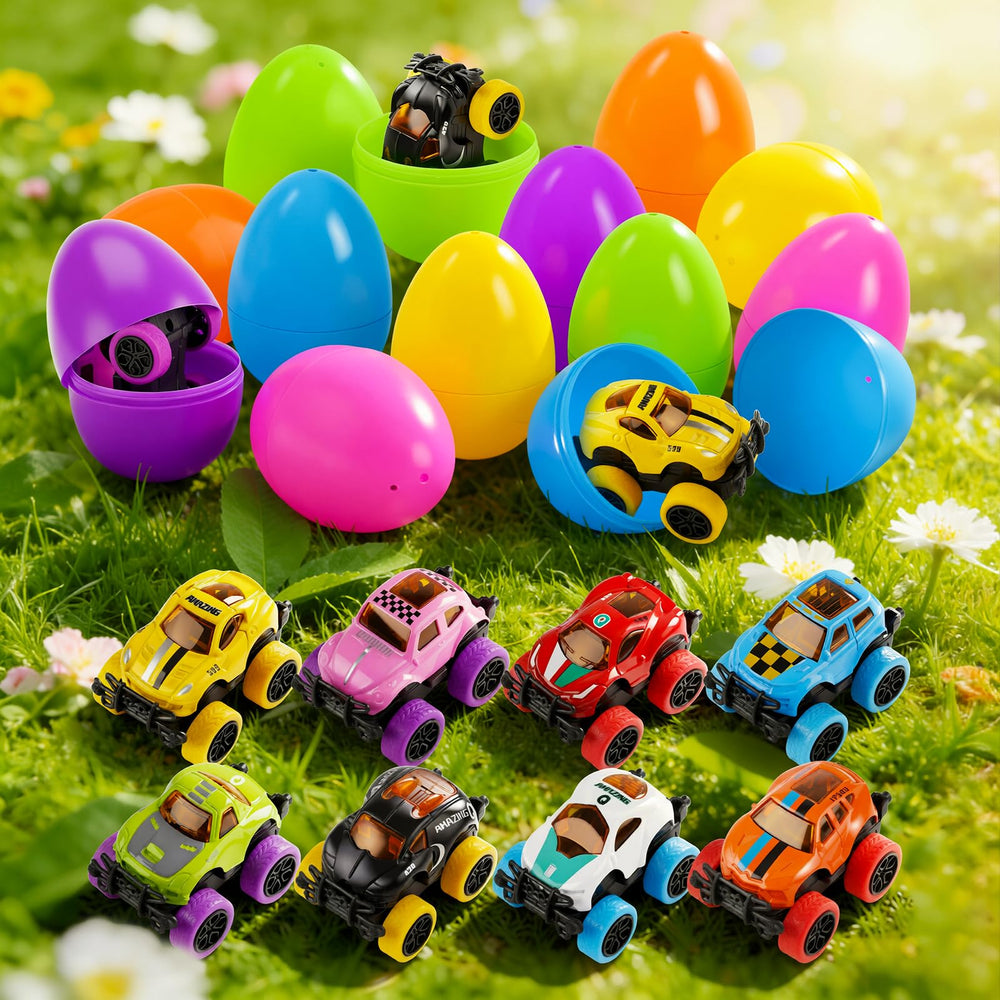 Pull-back monster cars inside Nicknack eggs for quick, fun races.
