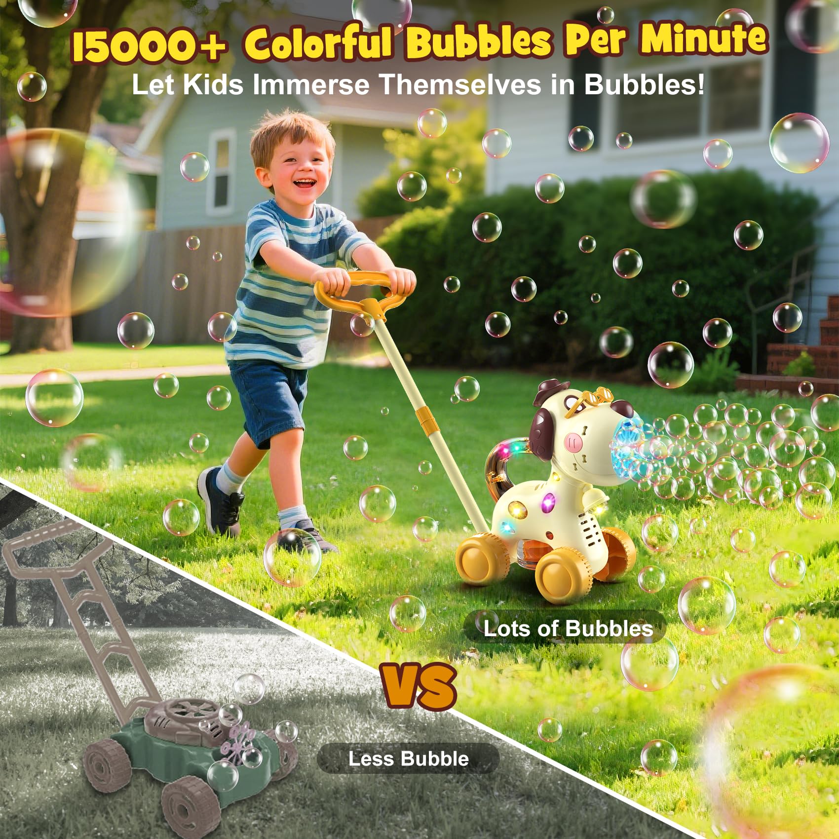 Nicmore bubble machine with push-handle mode enabling active toddler walking play.