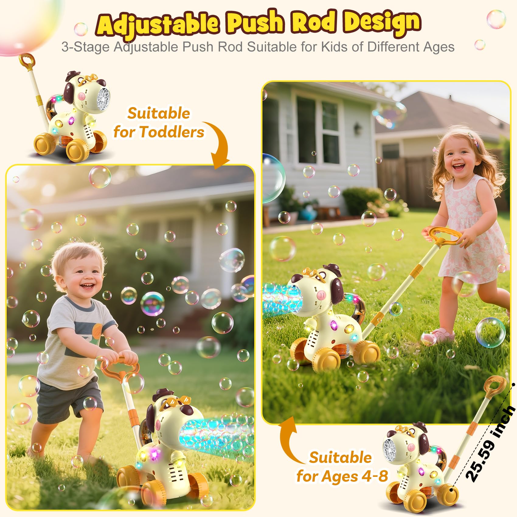 Nicmore ten-nozzle bubble output delivers a lively bubble show.