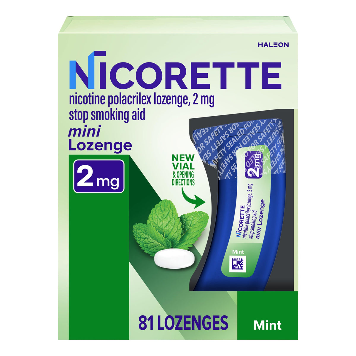 Nicorette mint lozenges in a discreet dispenser for on-the-go cravings control.