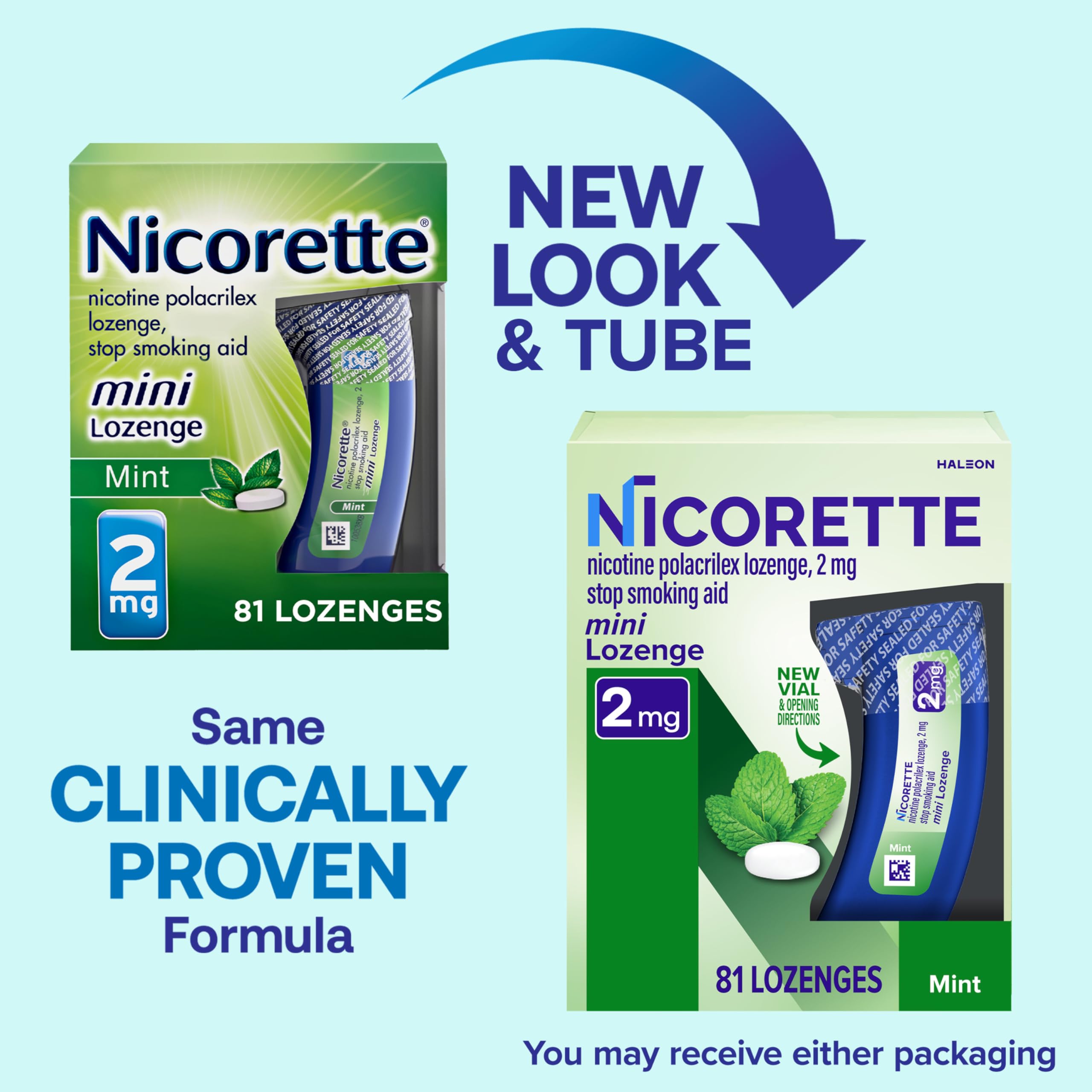 Nicorette mint lozenge packaging close-up highlighting portability for quit aid.