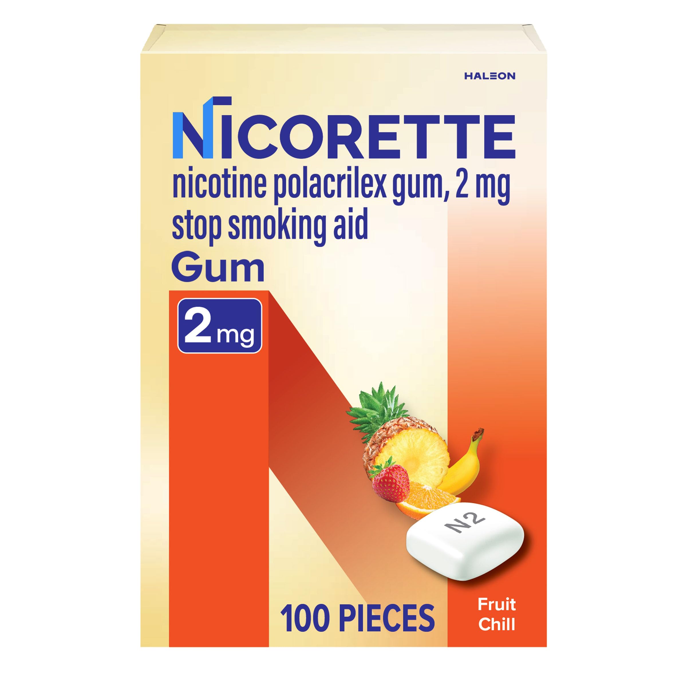 Nicorette 2mg nicotine gum Fruit Chill pack for easy cravings control.
