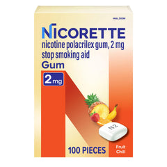 Nicorette 2mg nicotine gum Fruit Chill pack for easy cravings control.