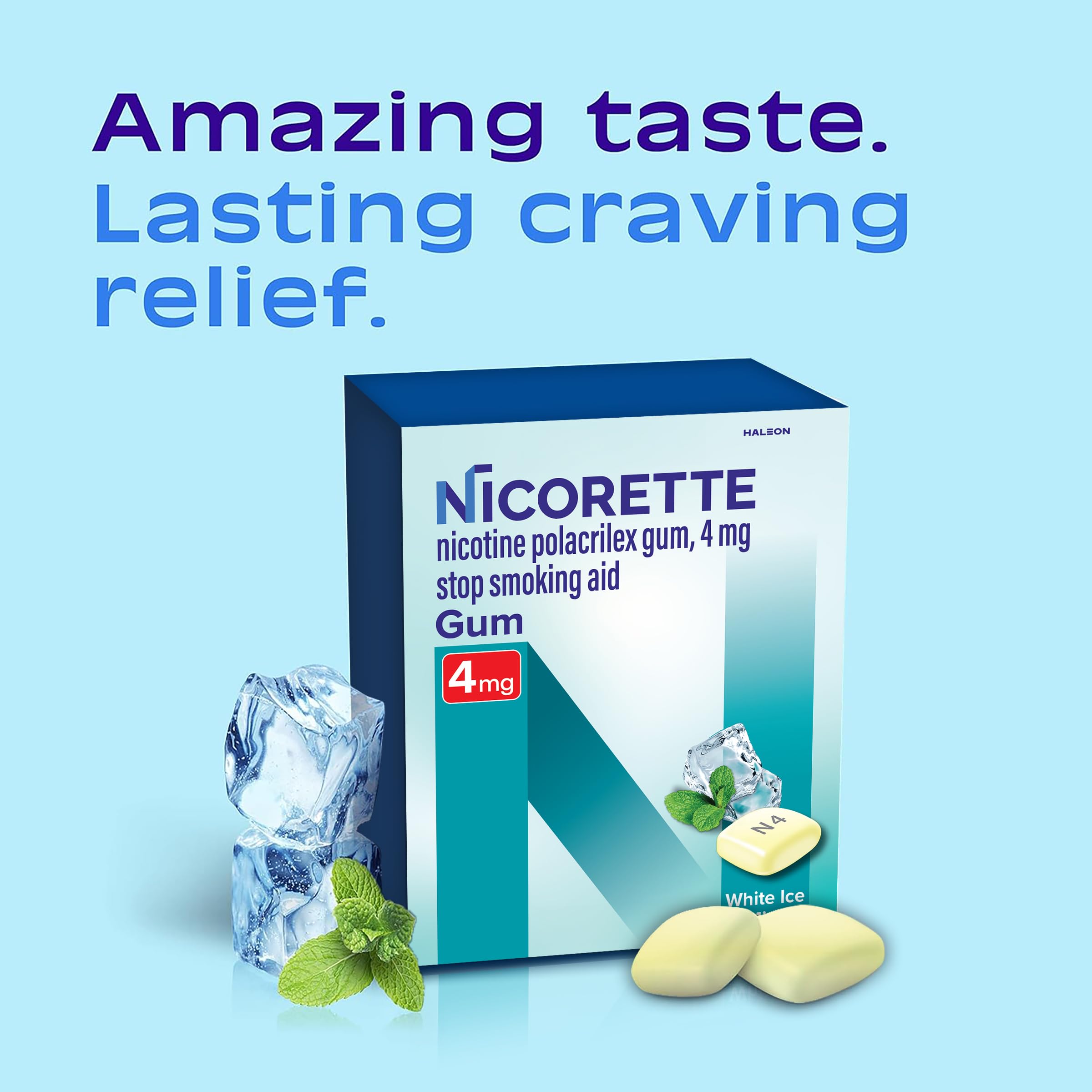 Nicorette 4 mg White Ice Mint gum pack back view showing two 100-count boxes.