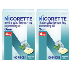 Nicorette 4 mg White Ice Mint gum pack front view for quitting support.