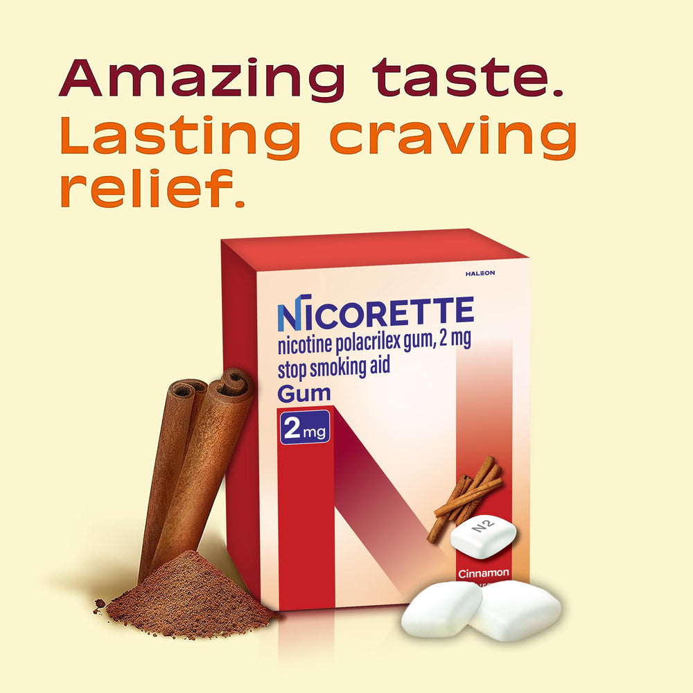Nicorette Cinnamon Surge gum piece ready to chew for quick relief.