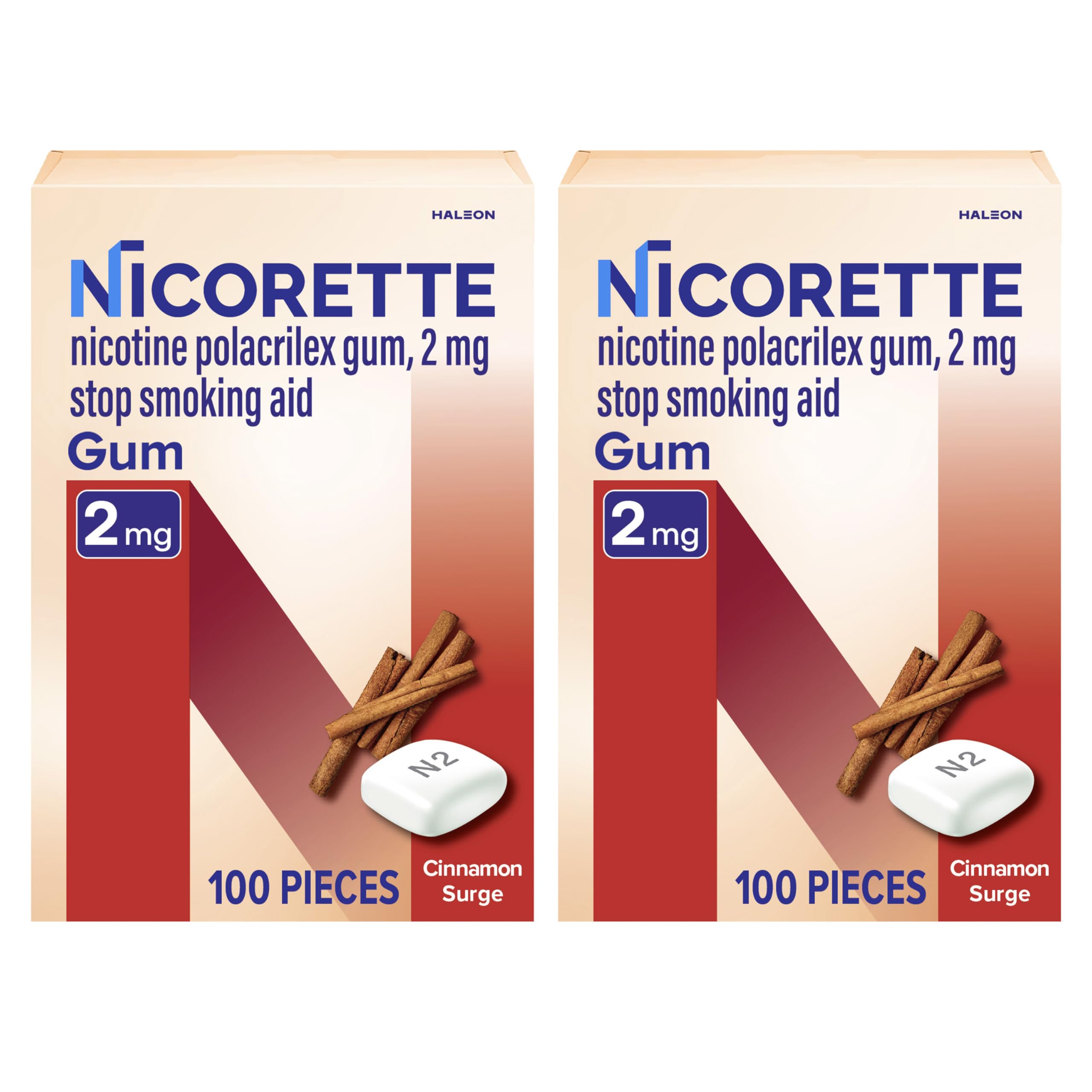 Nicorette Cinnamon Surge packaging shows 2 mg gum for craving control.