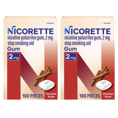 Nicorette Cinnamon Surge packaging shows 2 mg gum for craving control.