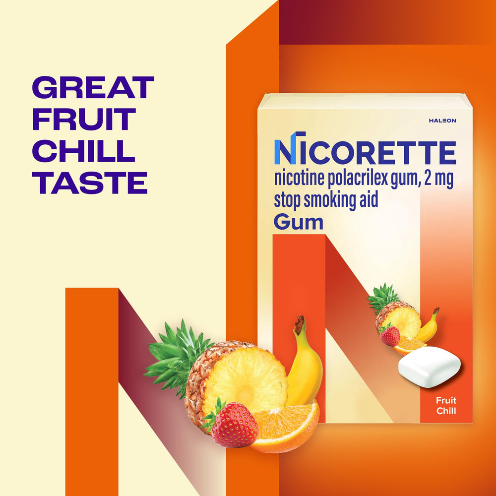 Nicorette Fruit Chill 2x100 count box for quit support.