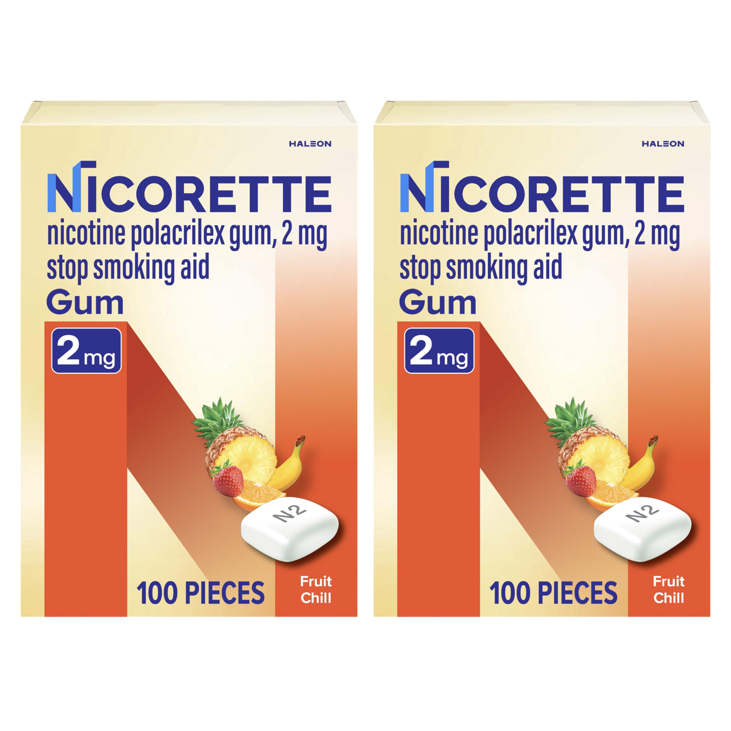 Nicorette Fruit Chill Gum 2 mg packaging clearly shows 200-count box for quitting support.