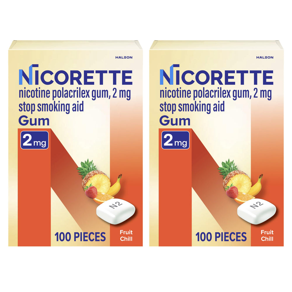 Nicorette Fruit Chill Gum 2 mg packaging clearly shows 200-count box for quitting support.
