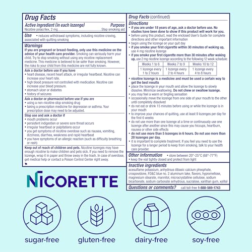 Product label highlights directions and nicotine dosing with shopping context.
