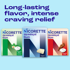 Nicorette Cinnamon Surge gum pack back with dosage guidance for quitting.