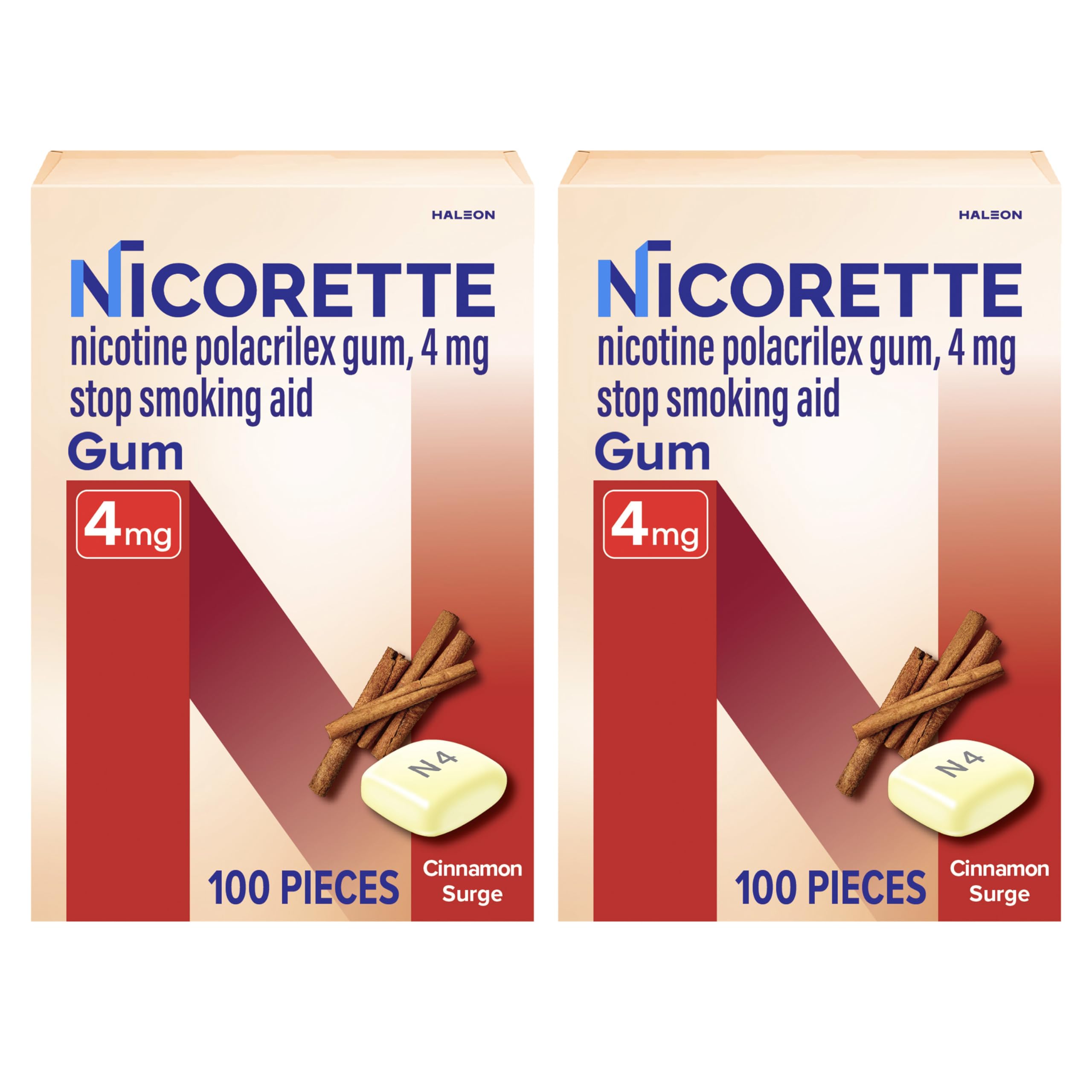 Nicorette Cinnamon Surge gum pack front showing two 100-piece counts for cravings relief.