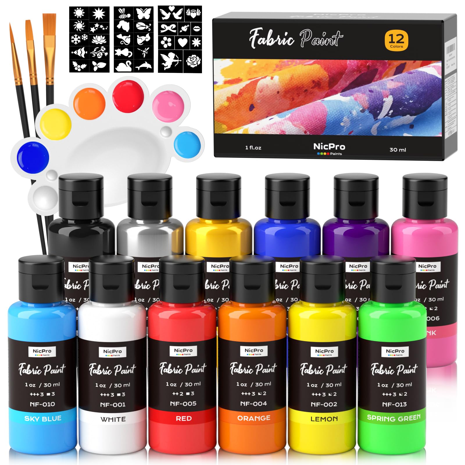 Nicpro 12 color fabric paint kit open pack shows vibrant, ready-to-use colors.