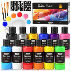 Nicpro 12 color fabric paint kit open pack shows vibrant, ready-to-use colors.