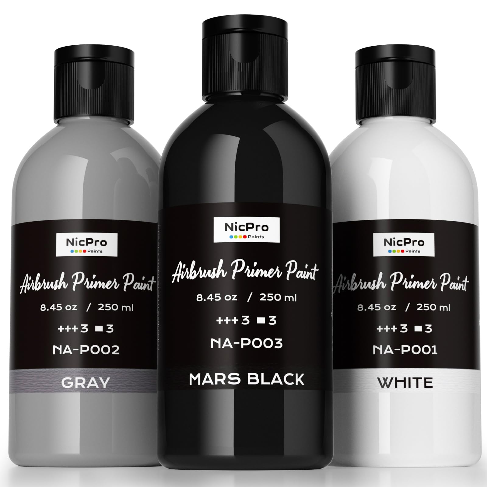 Nicpro airbrush primer set in black gray white provides a smooth base for modeling