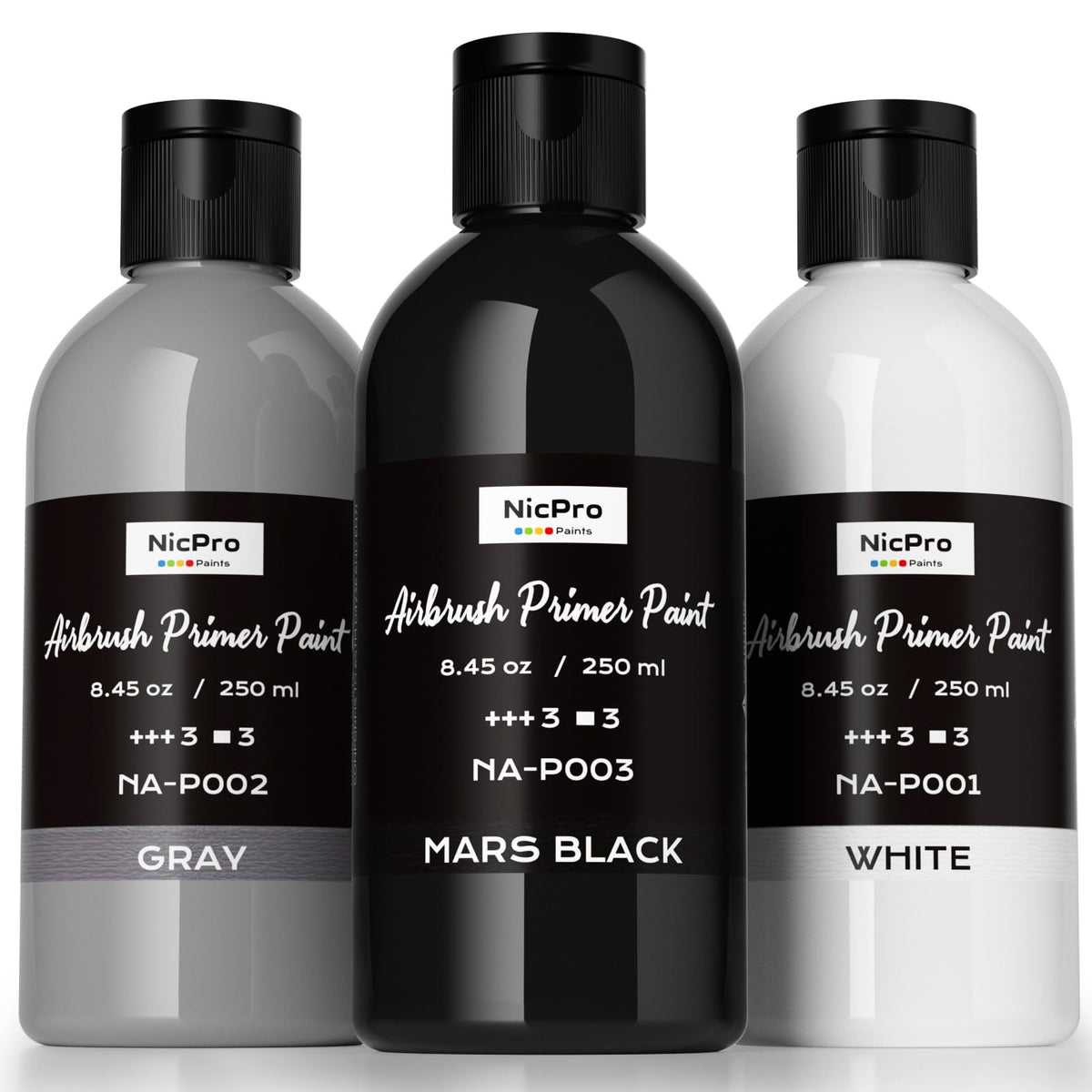 Nicpro airbrush primer set in black gray white provides a smooth base for modeling