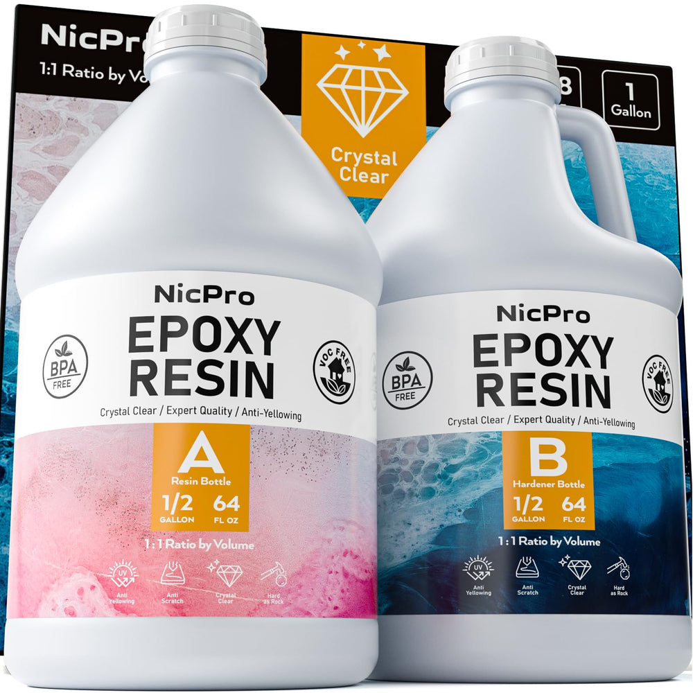 Nicpro resin kit bottle and hardener for crystal-clear coatings.