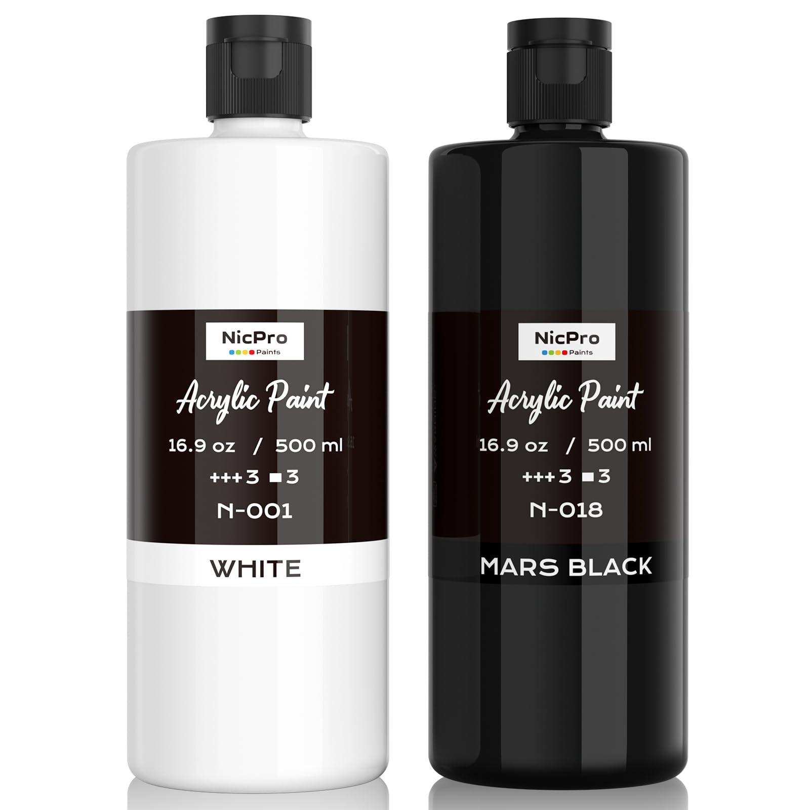 Nicpro white and black acrylic paint bottles for base coats and blending.