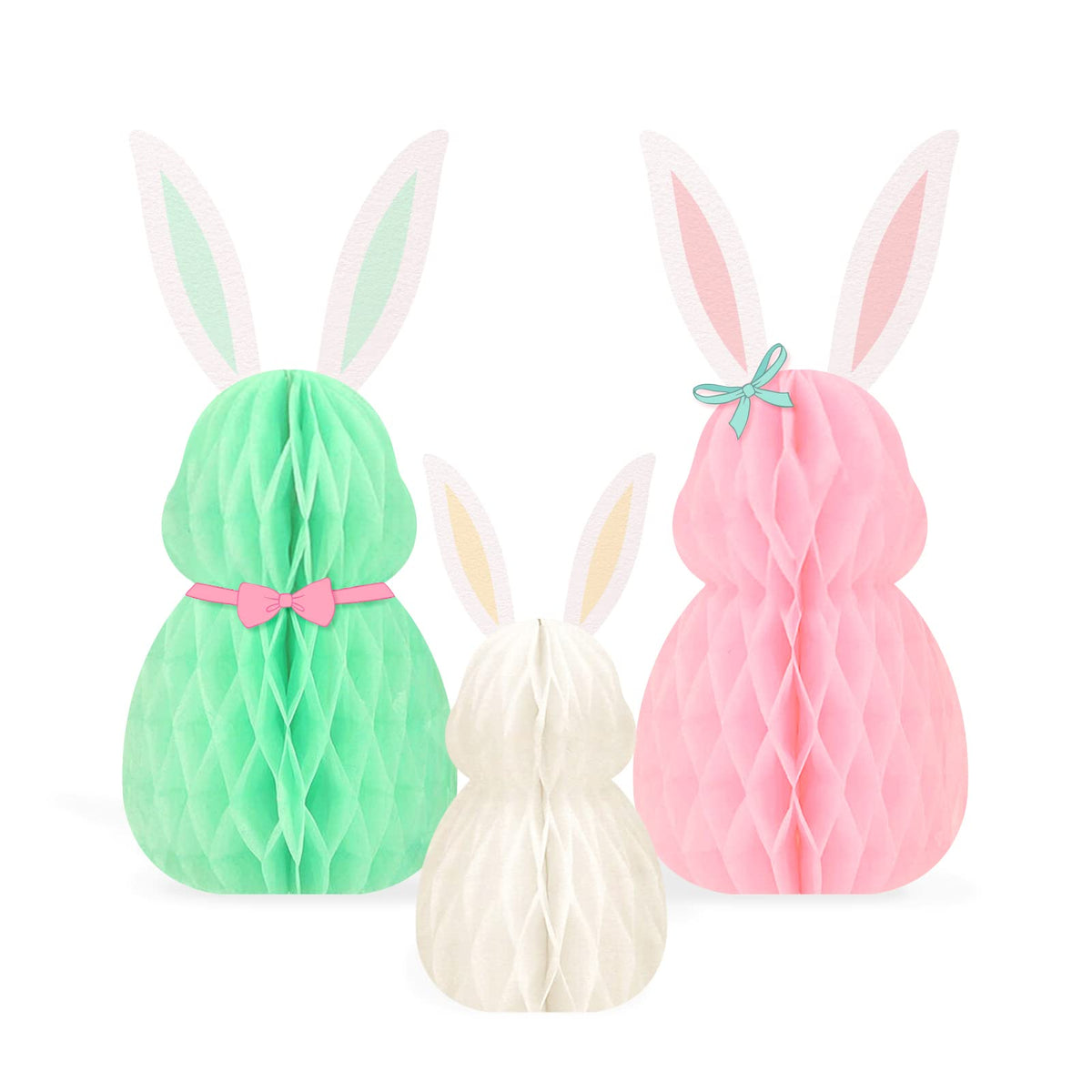Nicrolandee Easter Bunny Honeycomb Centerpiece set in green, pink, ivory, ideal for festive tables