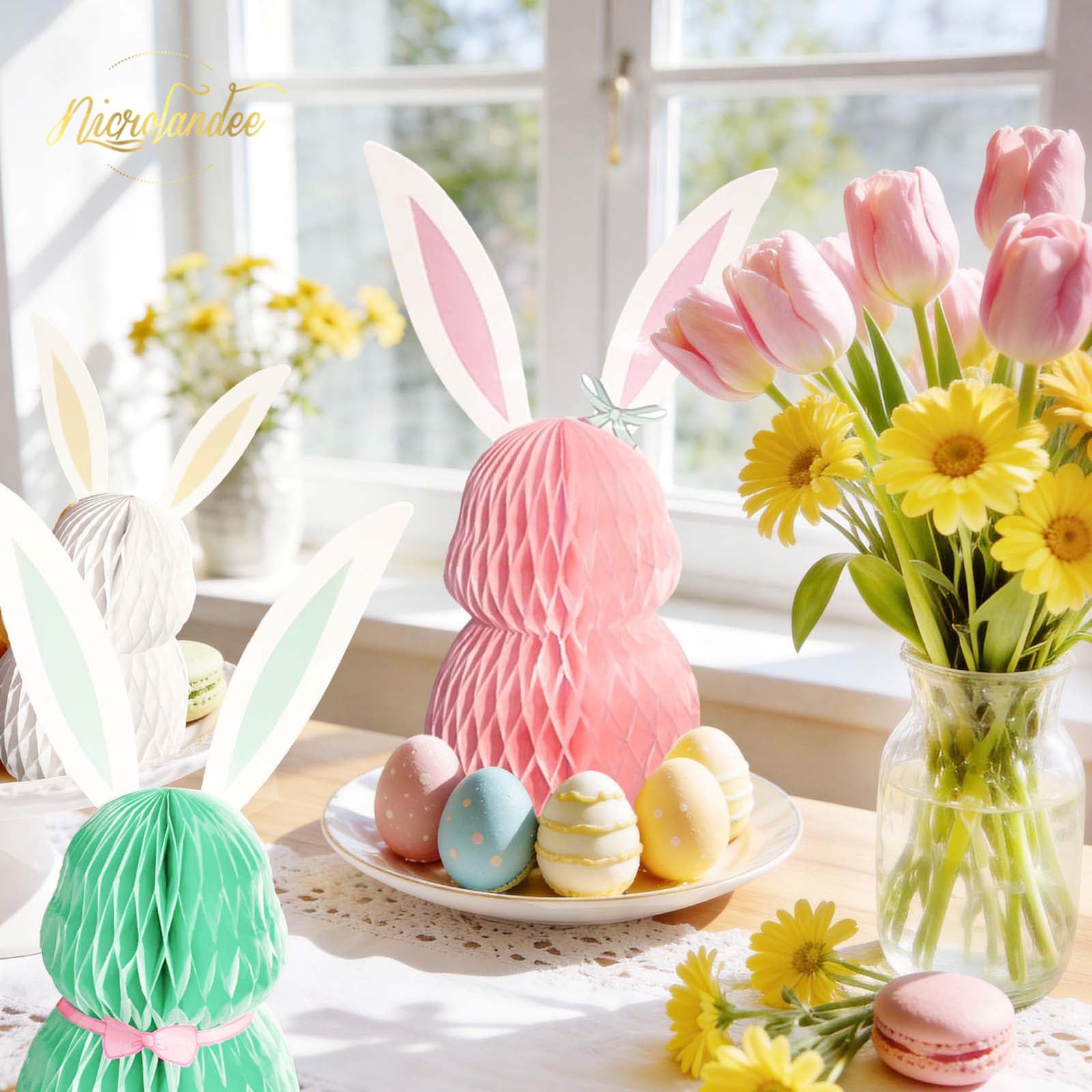 Nicrolandee Bunny Honeycomb Centerpiece on dining table for spring ambiance