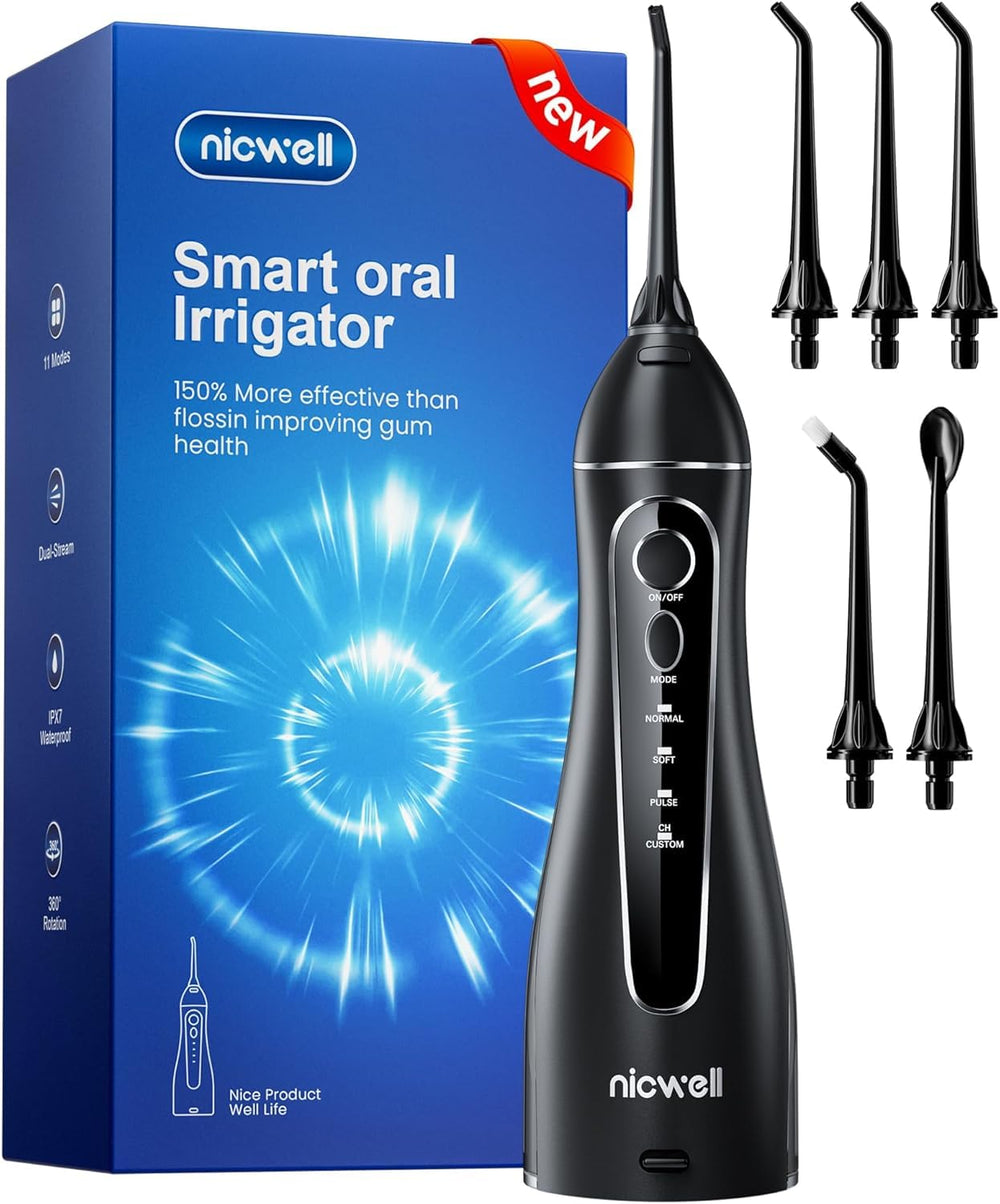 Nicwell Water Dental Flosser front view highlighting cordless design for home use.