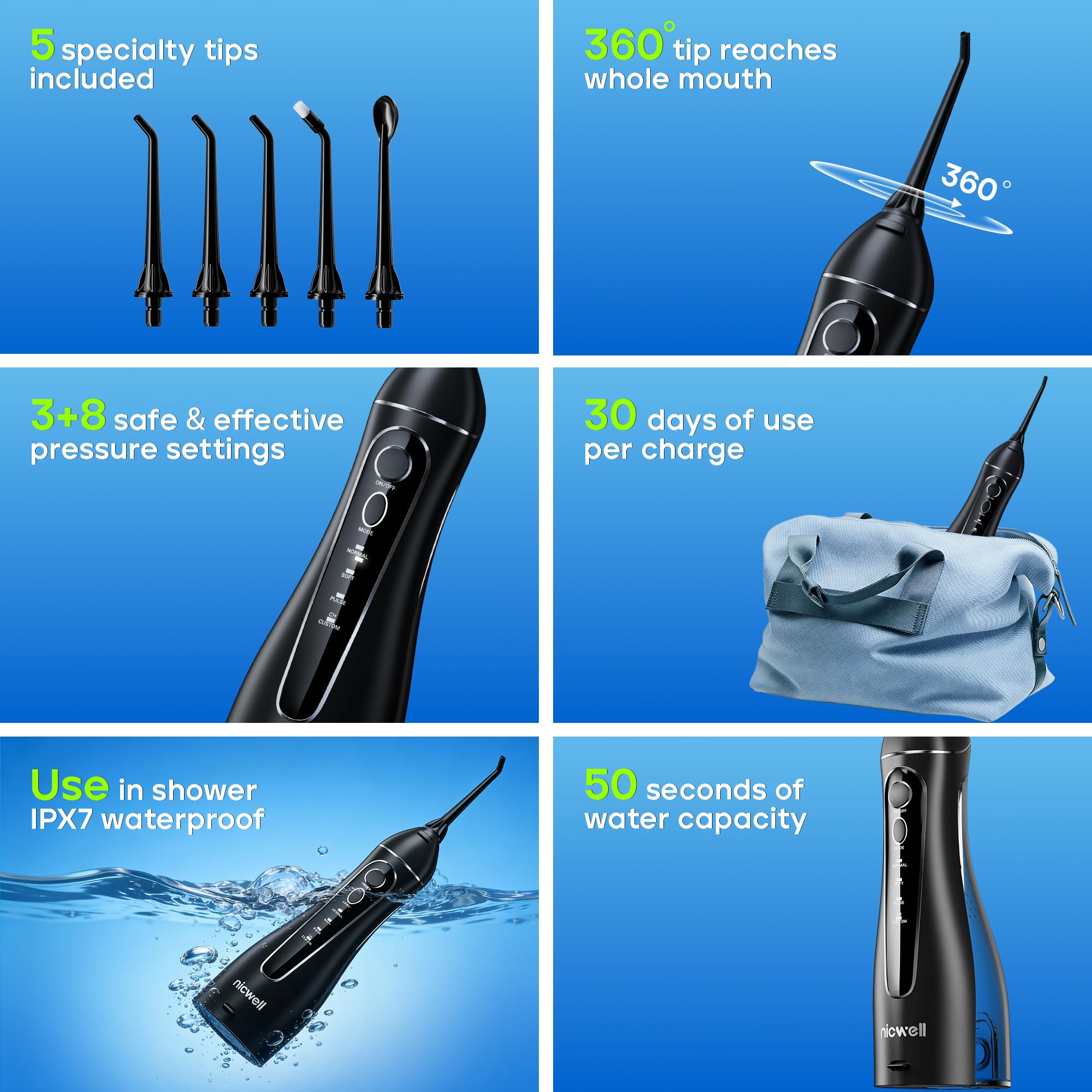 Nicwell Water Flosser IPX7 waterproof for shower-friendly use.