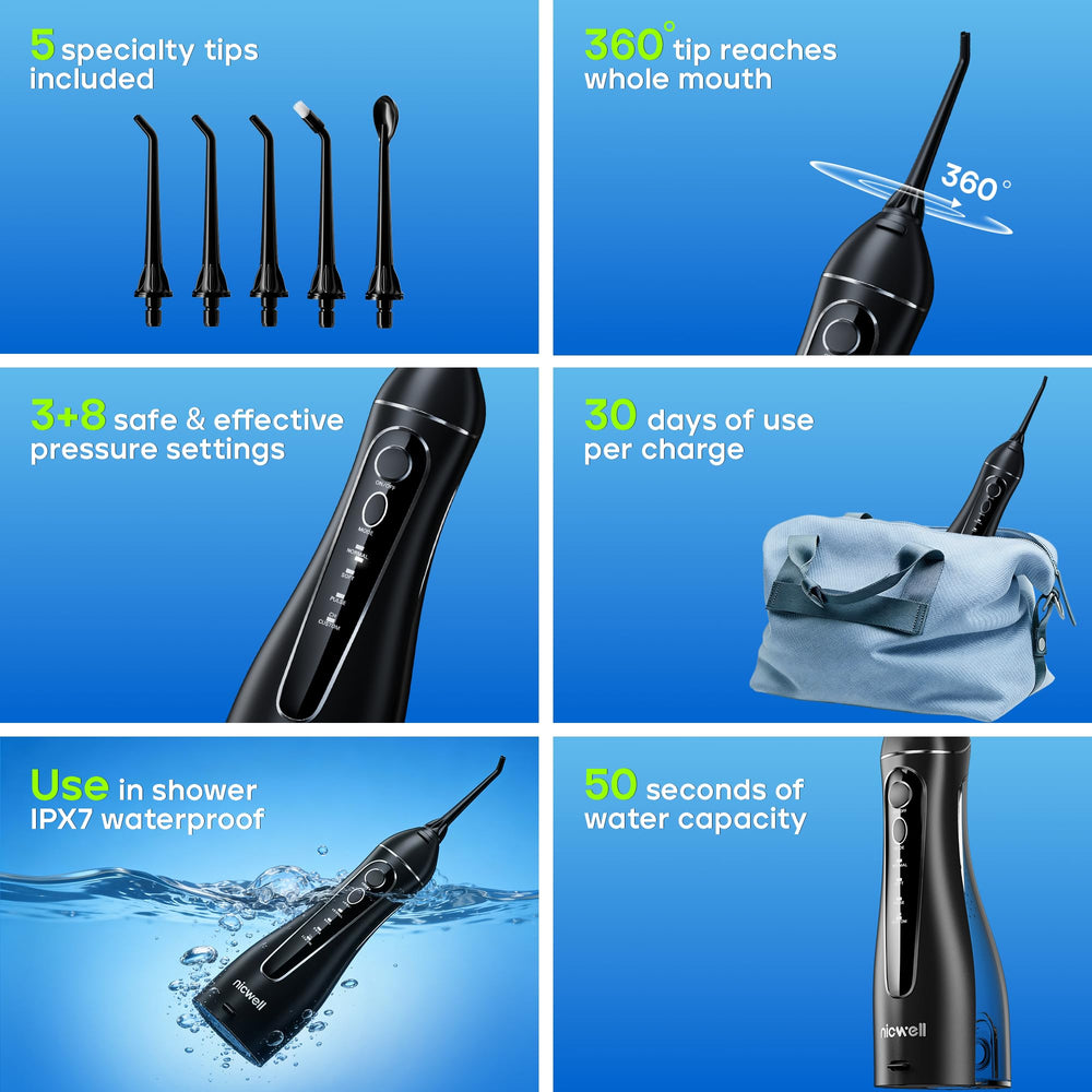 Nicwell Water Flosser IPX7 waterproof for shower-friendly use.