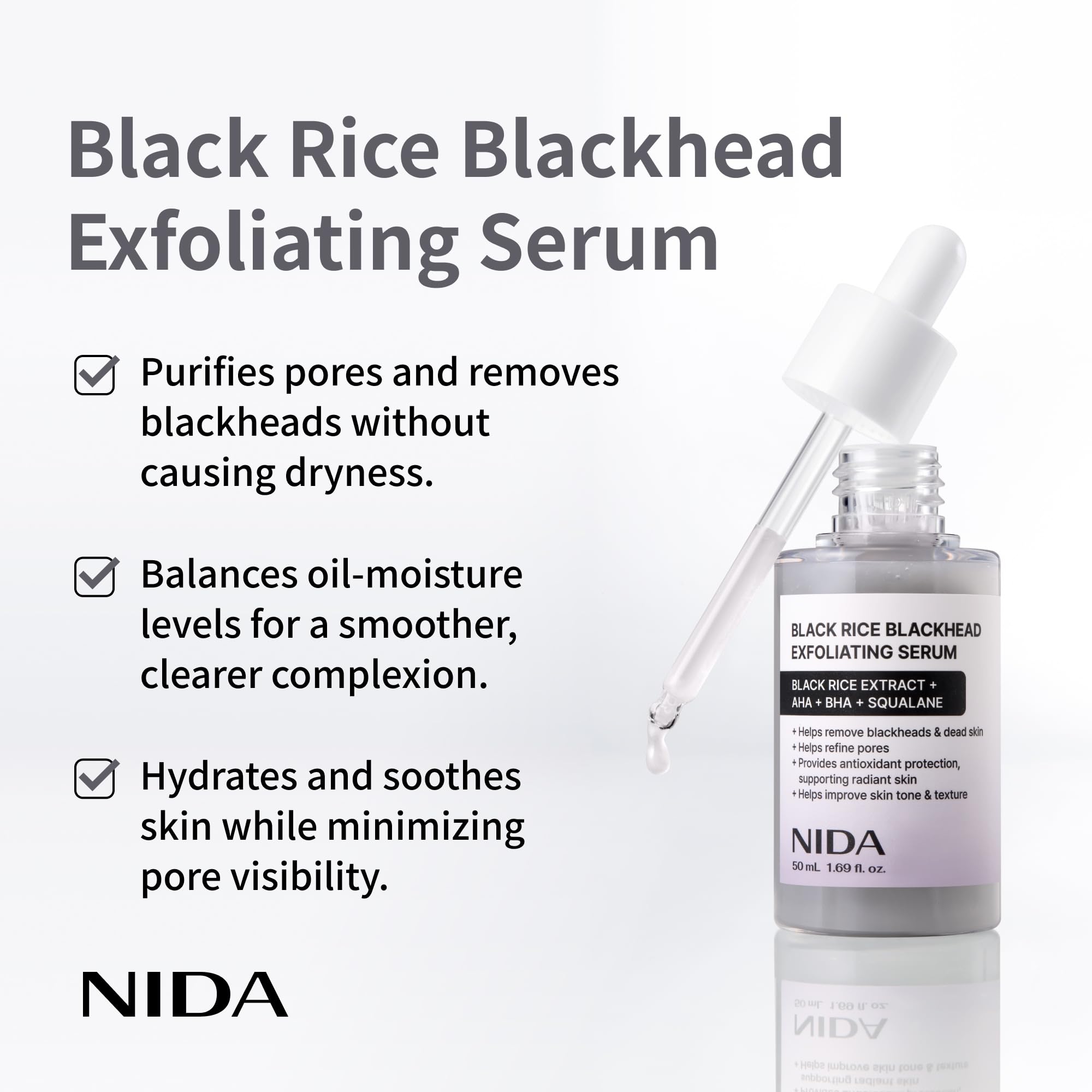 NIDA Black Rice Exfoliating Serum bottle with dropper shows easy application.