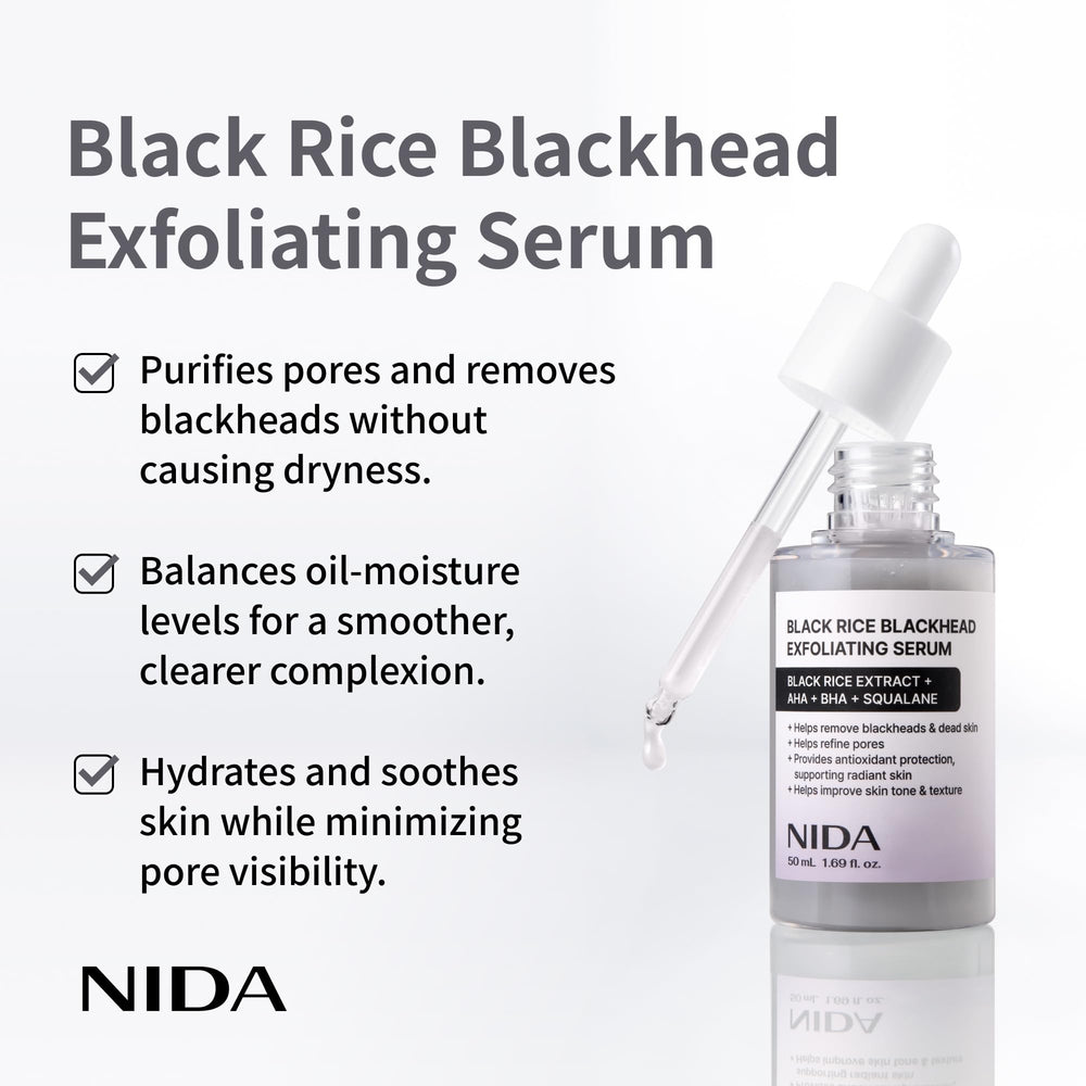 NIDA Black Rice Exfoliating Serum bottle with dropper shows easy application.