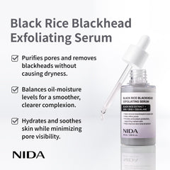 NIDA Black Rice Exfoliating Serum bottle with dropper shows easy application.