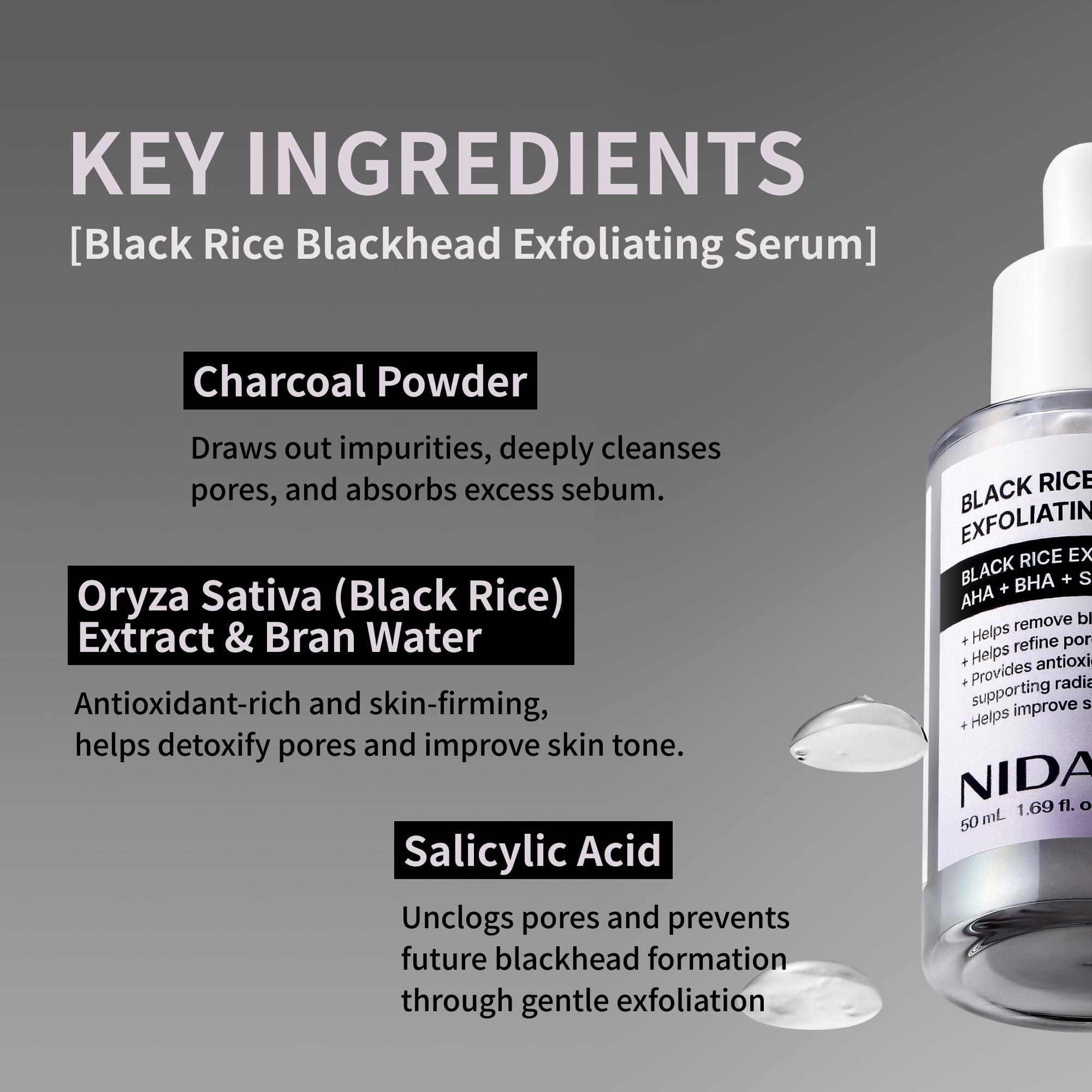 NIDA Black Rice Exfoliating Serum ingredients reveal gentle AHA/BHA exfoliation.