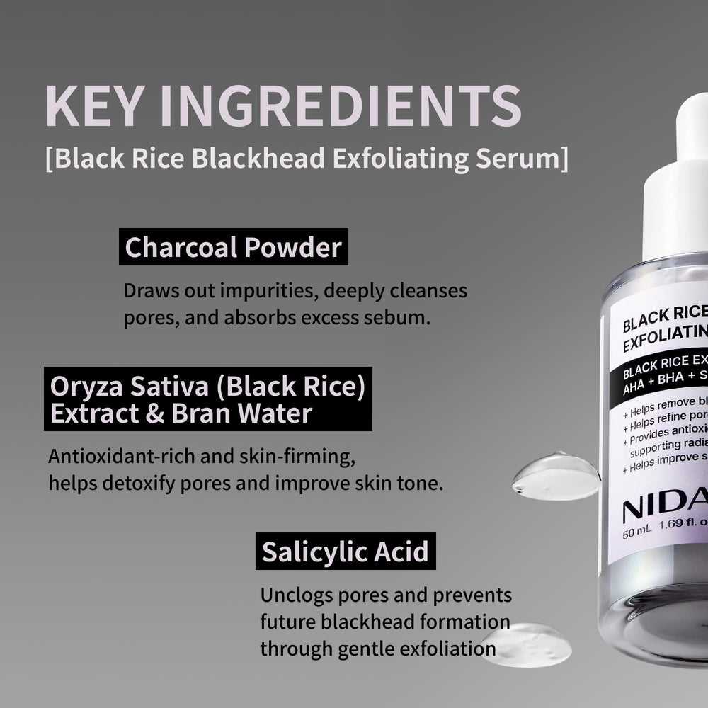 NIDA Black Rice Exfoliating Serum ingredients reveal gentle AHA/BHA exfoliation.