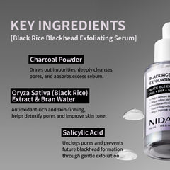 NIDA Black Rice Exfoliating Serum ingredients reveal gentle AHA/BHA exfoliation.