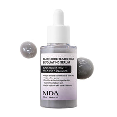 NIDA Black Rice Exfoliating Serum packaging shot highlights clean design and Korean quality.