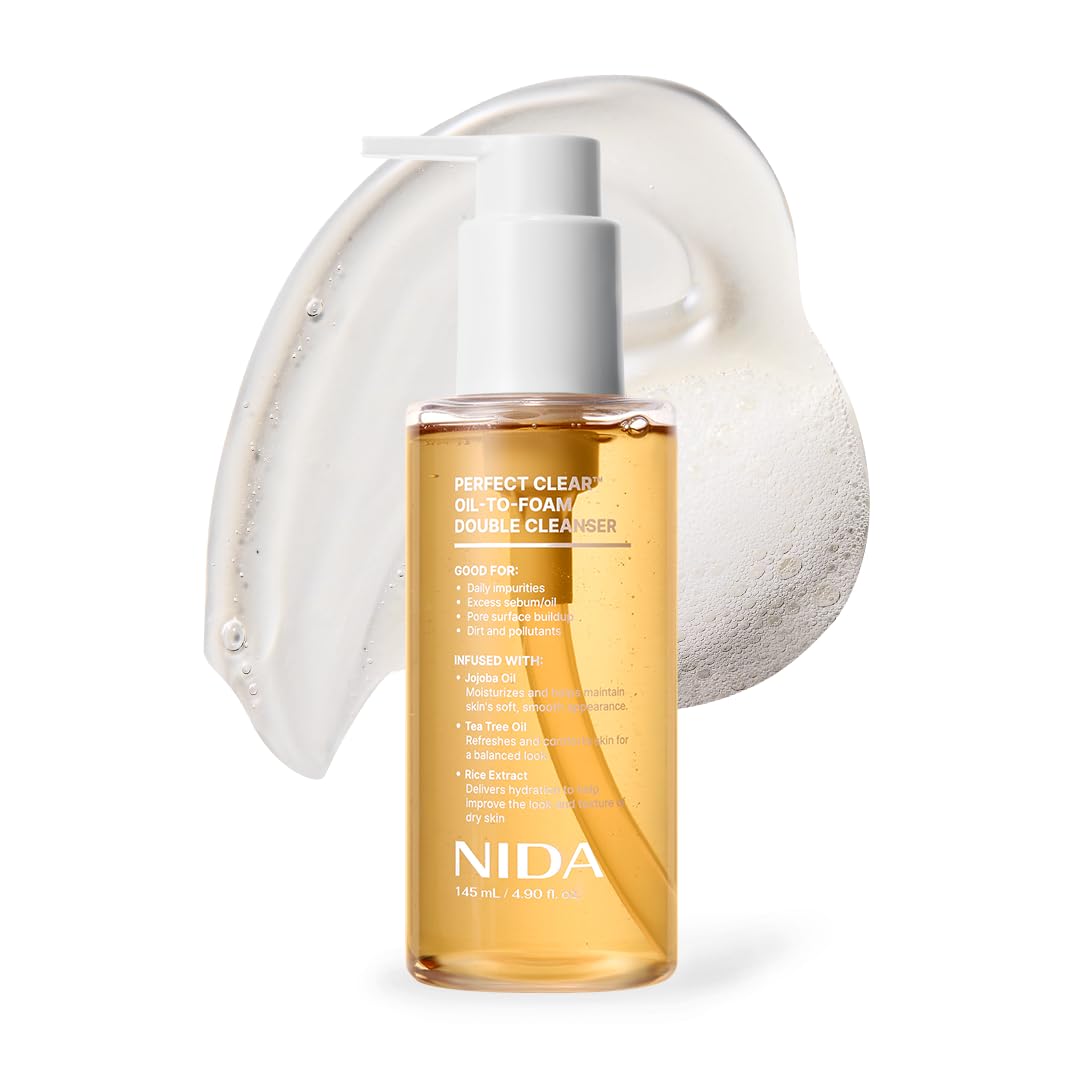 NIDA Perfect Clear bottle showing oil-to-foam cleanse for makeup removal