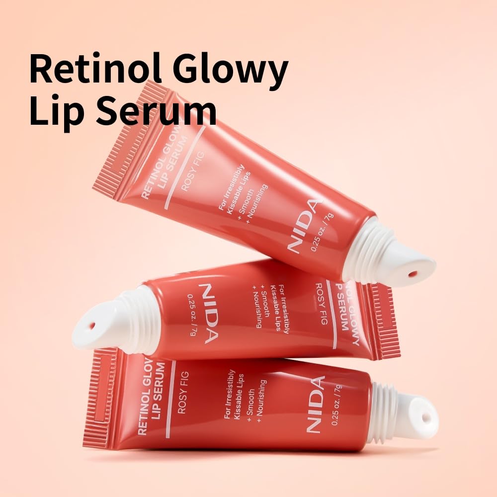 NIDA Retinol Glowy Lip Serum application swatch shows smooth wand glide