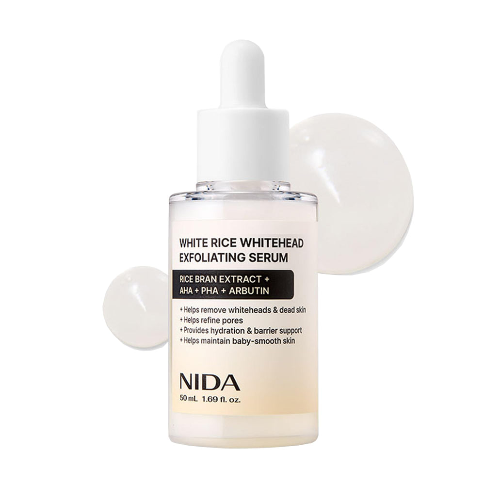 NIDA White Rice Whitehead Serum bottle shown for daily exfoliation and brightening.