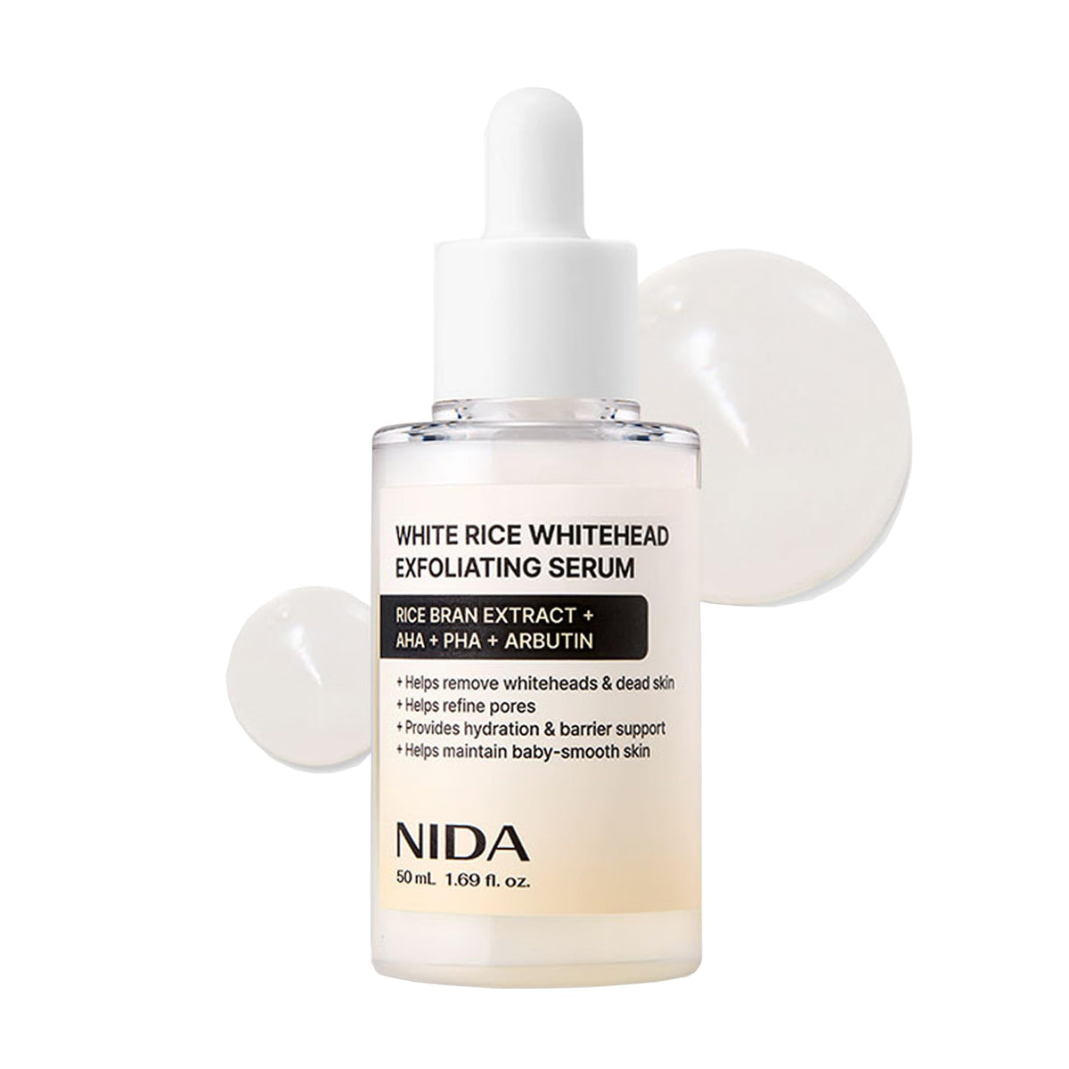 NIDA White Rice Whitehead Serum bottle shown for daily exfoliation and brightening.