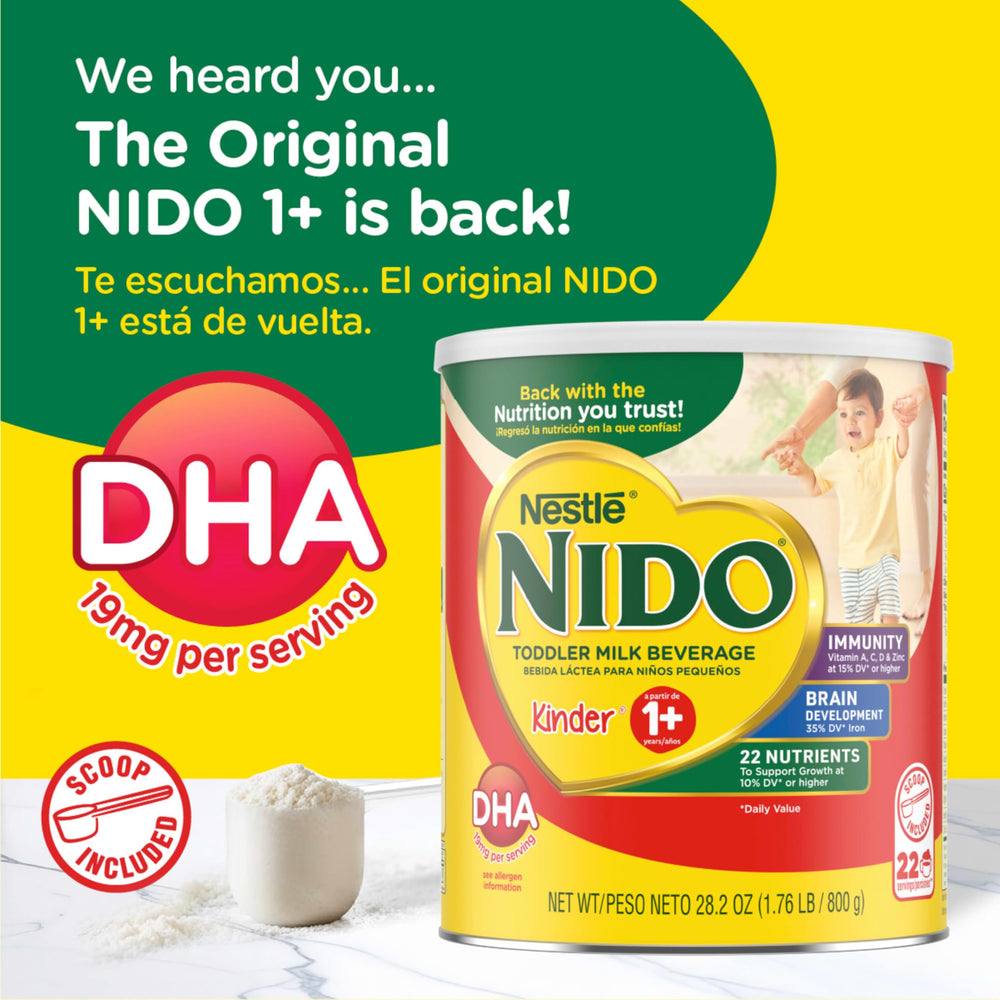 Nido Kinder 1+ canister side view showing packaging details.
