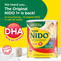 Nido Kinder 1+ canister side view showing packaging details.