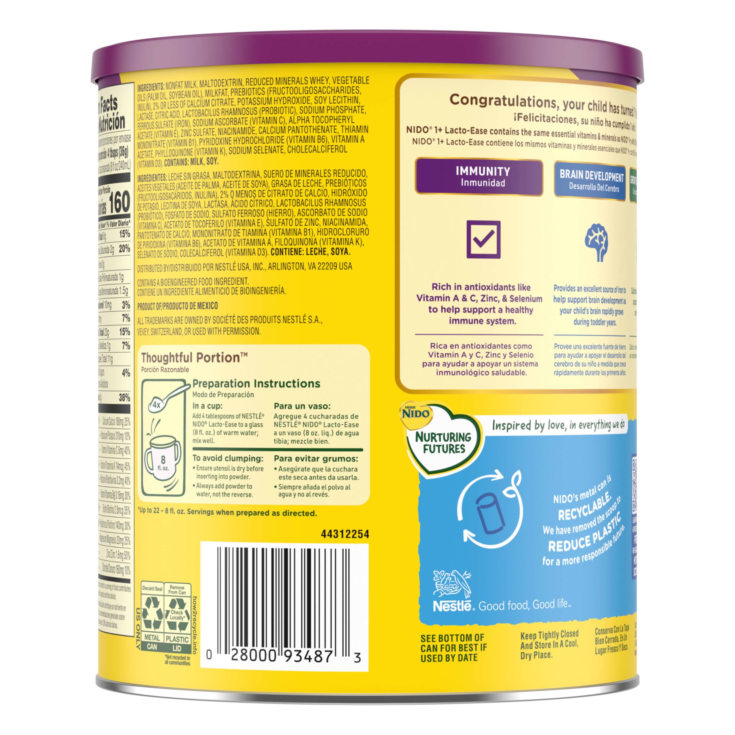 Nido Lacto-Ease offers 22 servings per container for easy planning.