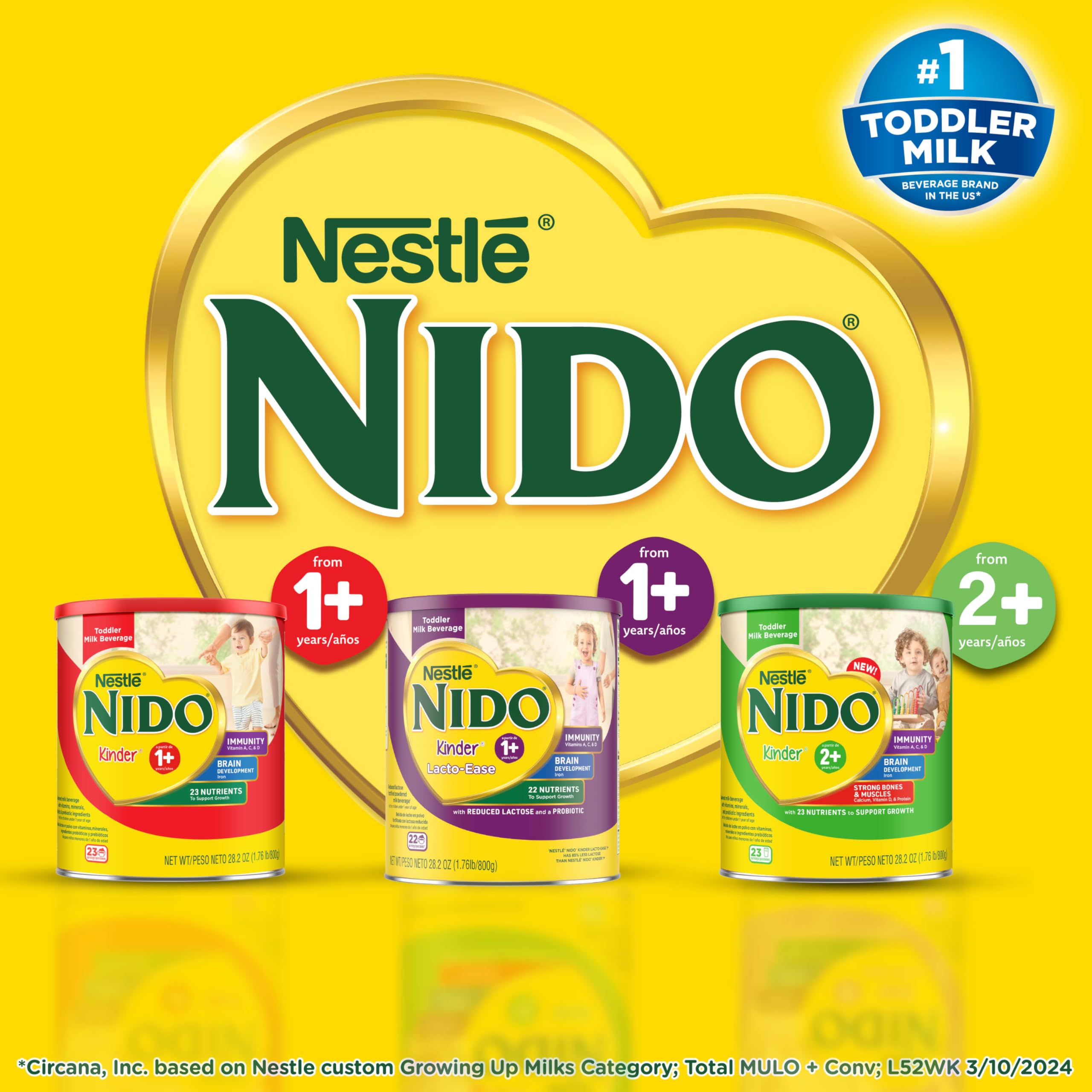 Nido Lacto-Ease includes vitamins A C D and zinc for daily nutrition.