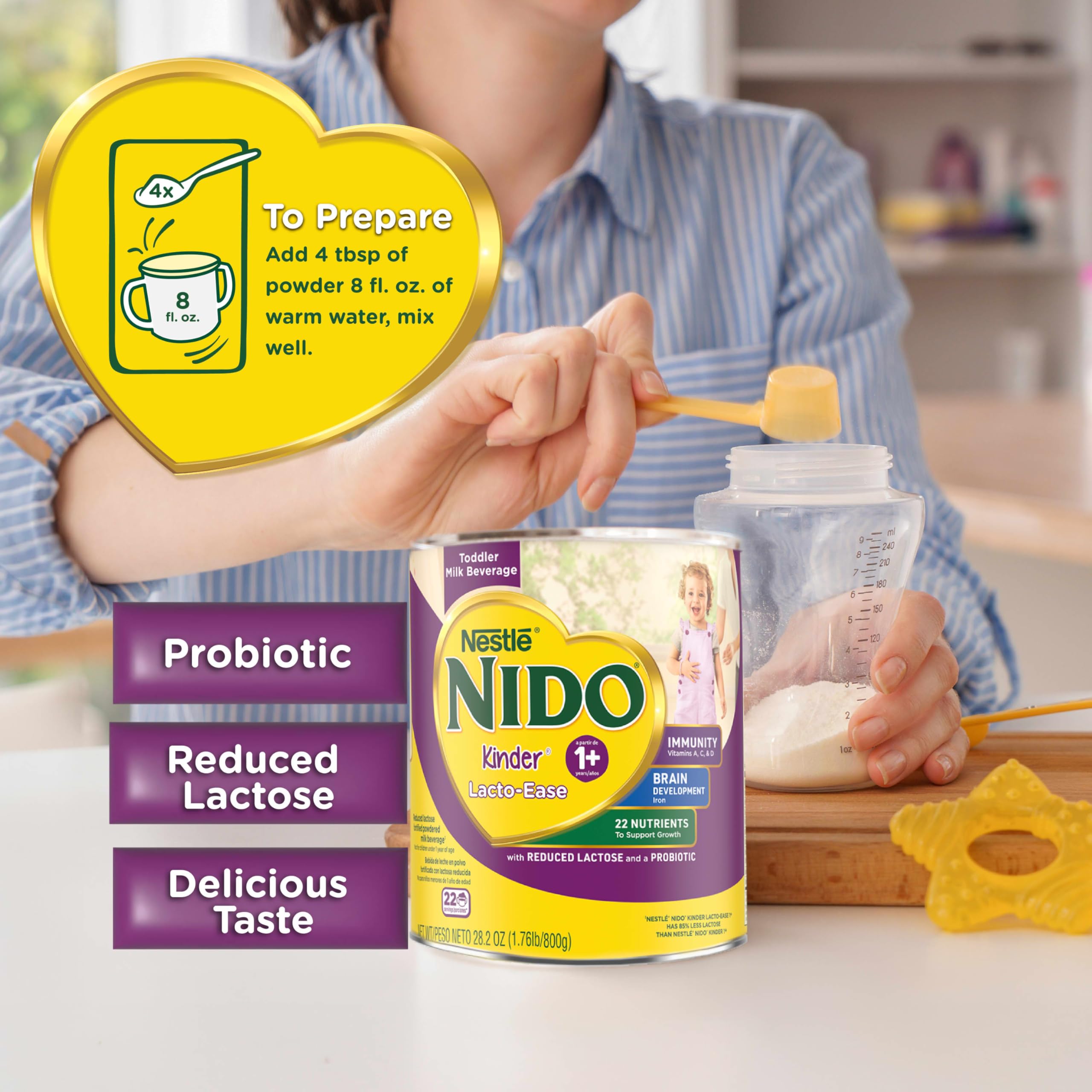 Nido Lacto-Ease nutrition facts highlight essential vitamins and minerals for growth.