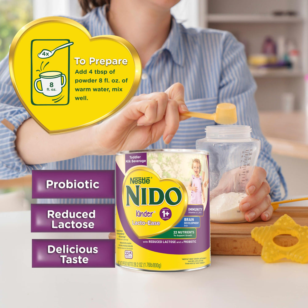 Nido Lacto-Ease nutrition facts highlight essential vitamins and minerals for growth.