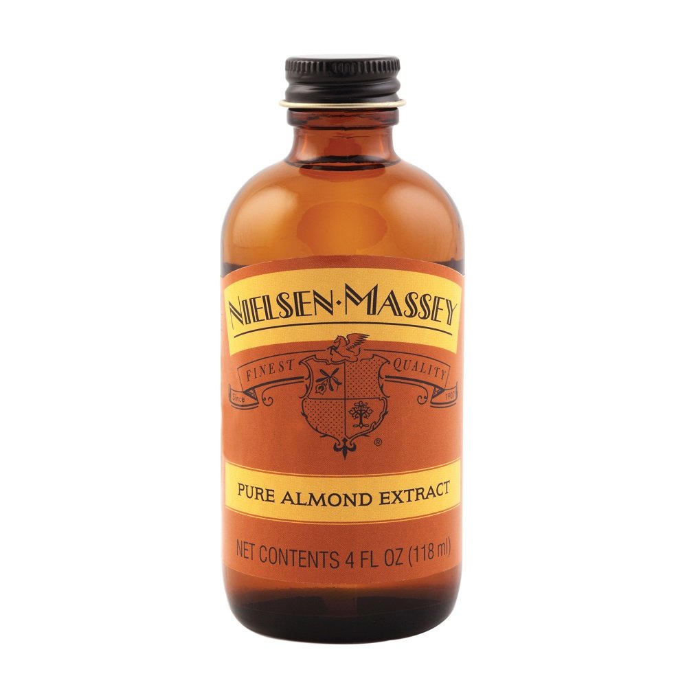 Nielsen-Massey Pure Almond Extract label close-up showing simple bitter almond oil.