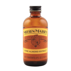 Nielsen-Massey Pure Almond Extract label close-up showing simple bitter almond oil.